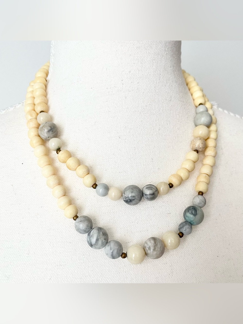 Vintage Handmade Ivory & Gray Double Strand Bead Necklace Boho Summer Beachy